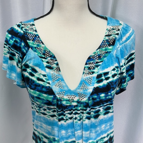 AB Studio Blue, Aqua, Green, Black and White Flutter Sleeve Top - size Small - Picture 3 of 11